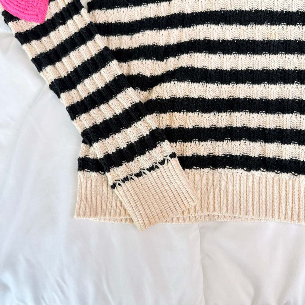 Lisa Todd Black and White Striped Pullover Sweater with Pink Heart Elbow Patches - Picture 15 of 16